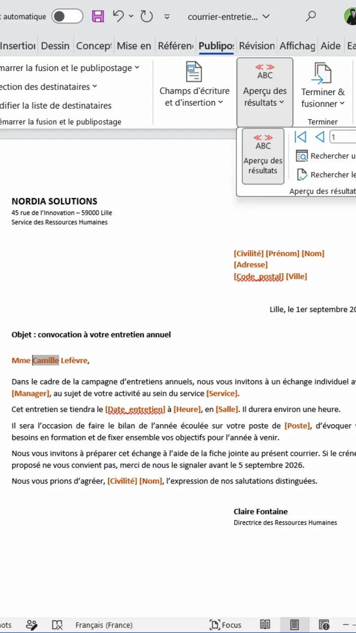Aperçu des résultats du publipostage Word avec le courrier personnalisé de la première destinataire
