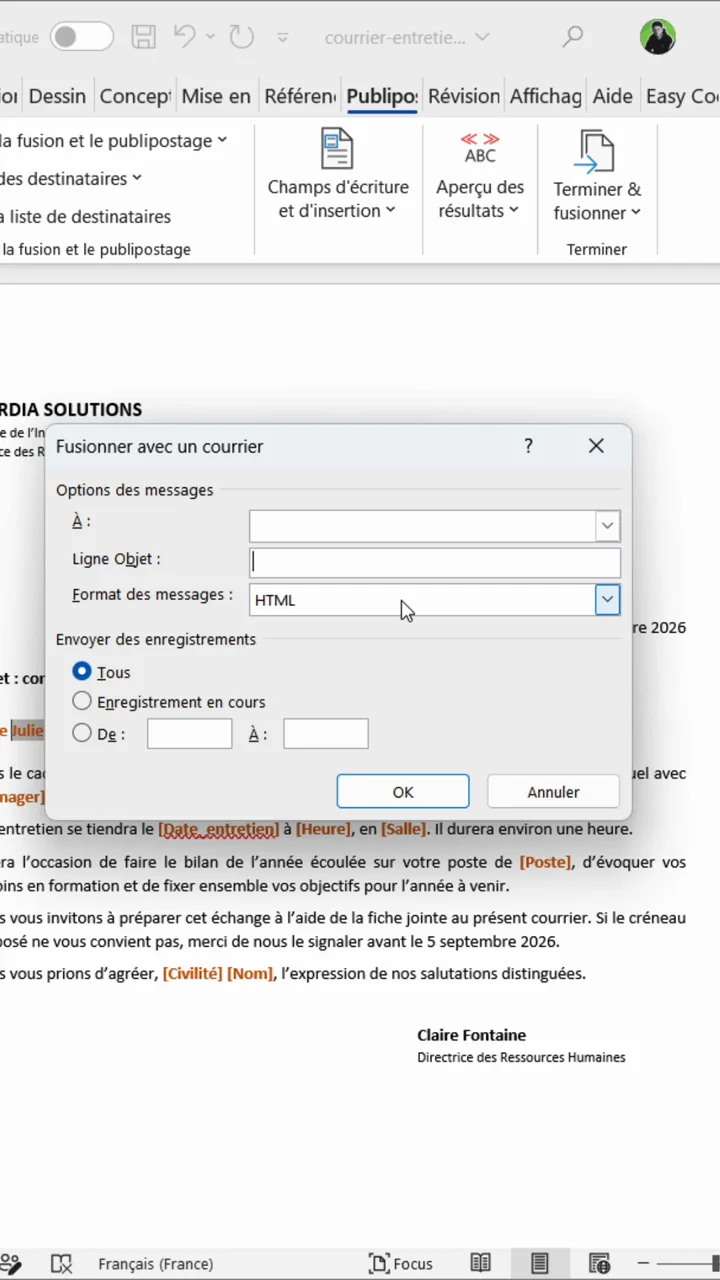 Fenêtre Fusionner avec un courrier de Word avec le champ adresse, la ligne d'objet et le format HTML