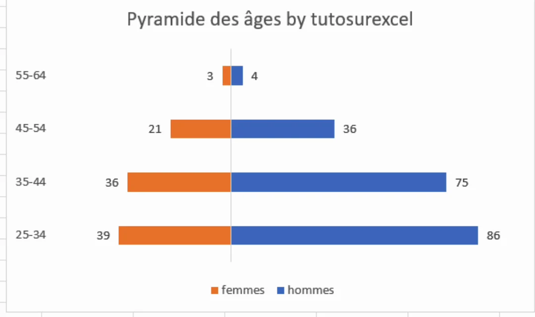 Pyramide des âges finie dans Excel, femmes à gauche en orange et hommes à droite en bleu, par tranche d’âge