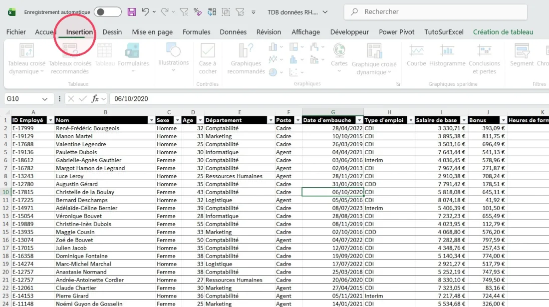 Table de données RH dans Excel avec une ligne par salarié et les colonnes ID, Nom, Sexe, Âge, Département