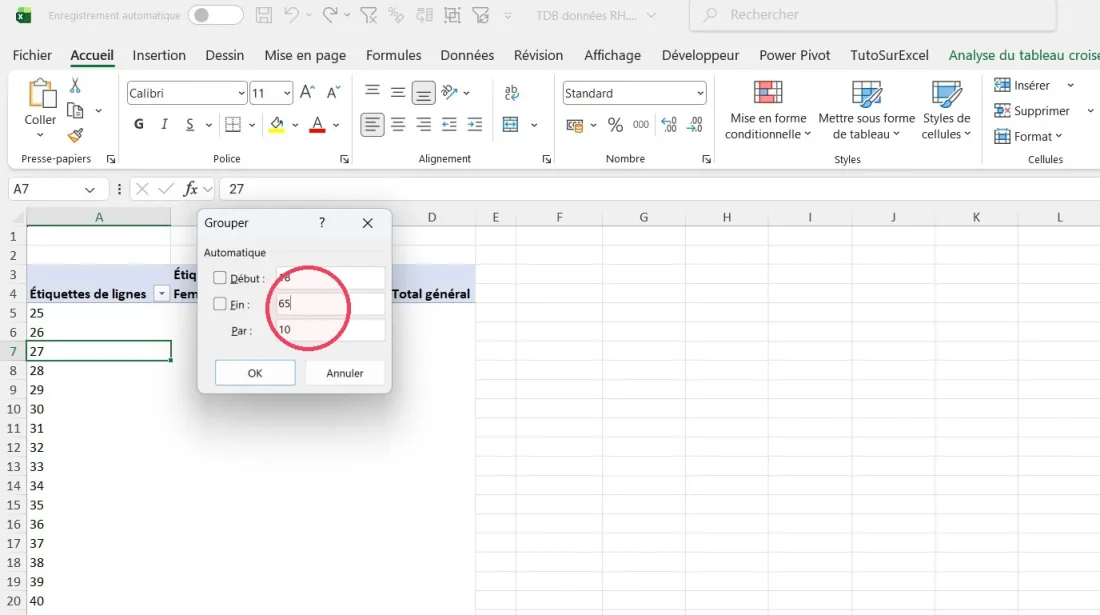 Boîte de dialogue Grouper d’Excel pour définir le début, la fin et le pas des tranches d’âge