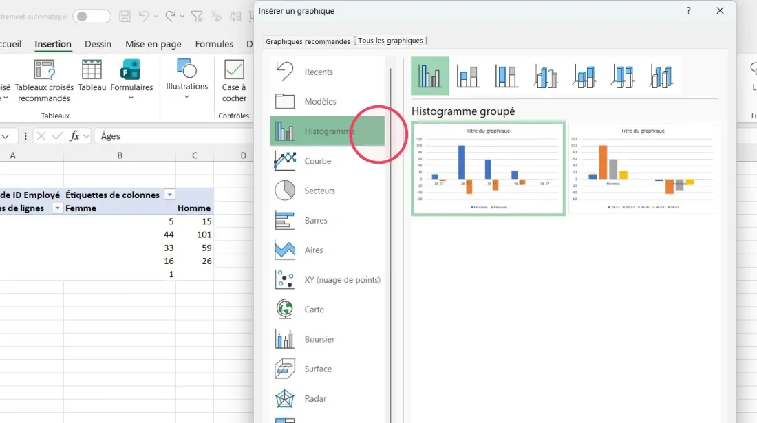 Fenêtre Insérer un graphique d’Excel avec l’histogramme en barres groupées sélectionné