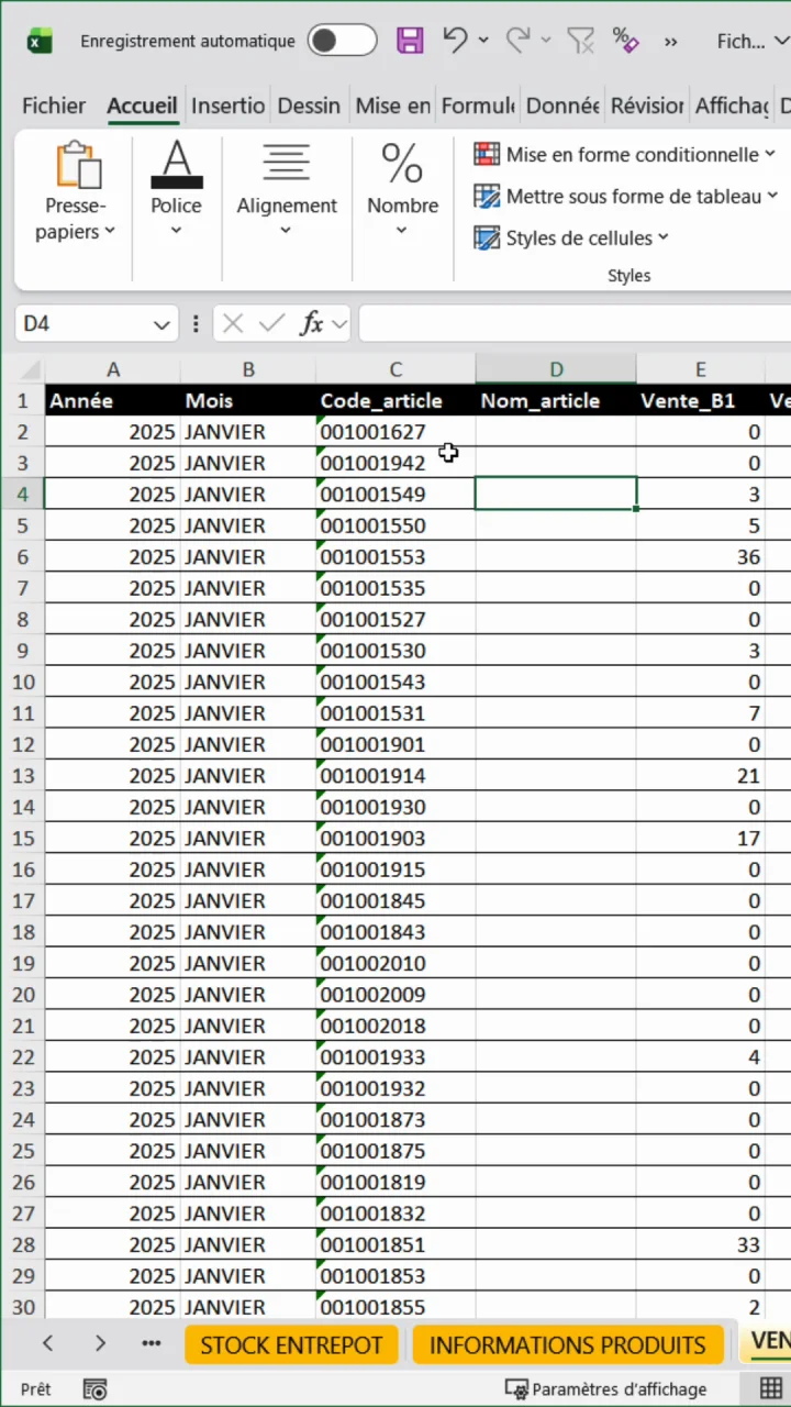 Tableau Excel de ventes avec une colonne Code_article remplie et la colonne Nom_article vide