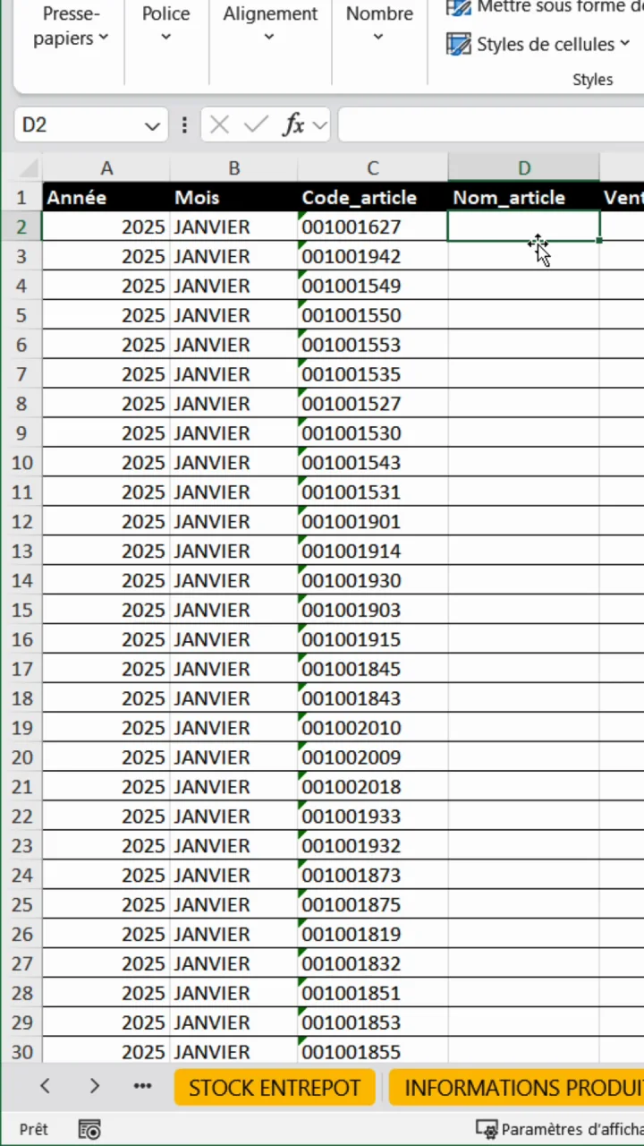 Deuxième feuille Excel Informations produits avec les colonnes Code_article, Code-barres et Fournisseur