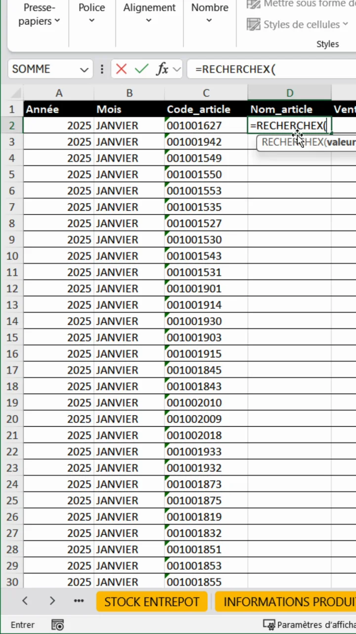 Cellule Excel avec la formule RECHERCHEX en cours de saisie et l'aide de la fonction affichée