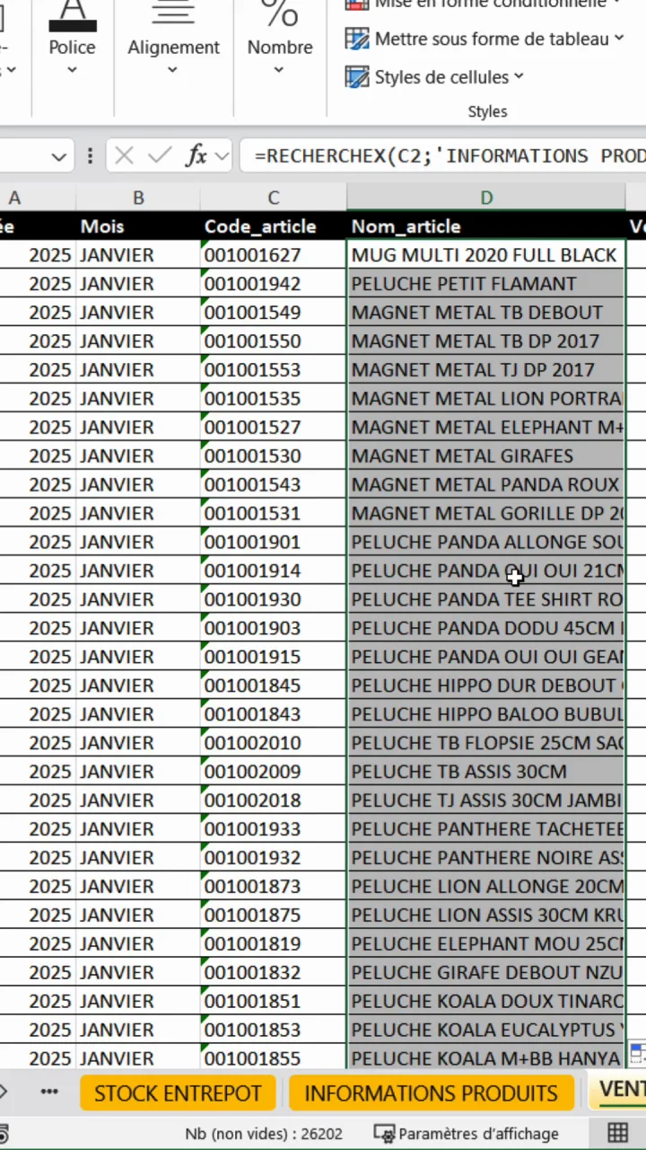 Colonne Nom_article entièrement remplie automatiquement par la fonction RECHERCHEX dans Excel