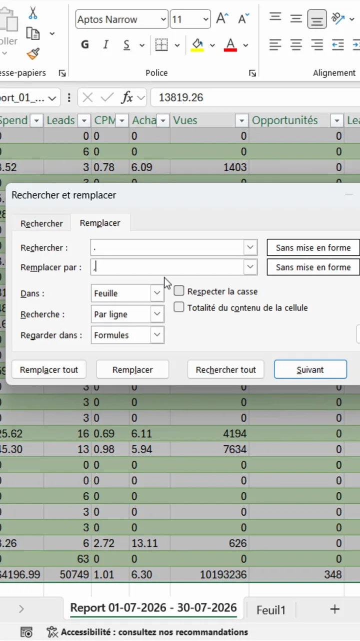 Fenêtre Rechercher et remplacer d'Excel avec un point dans le champ Rechercher et une virgule dans le champ Remplacer par