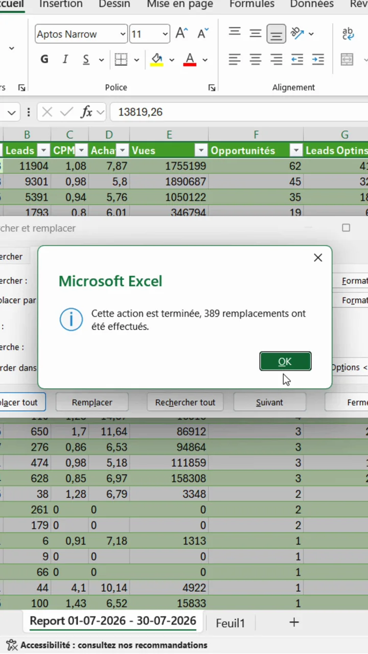 Message Excel indiquant que 389 remplacements ont été effectués après un remplacer tout