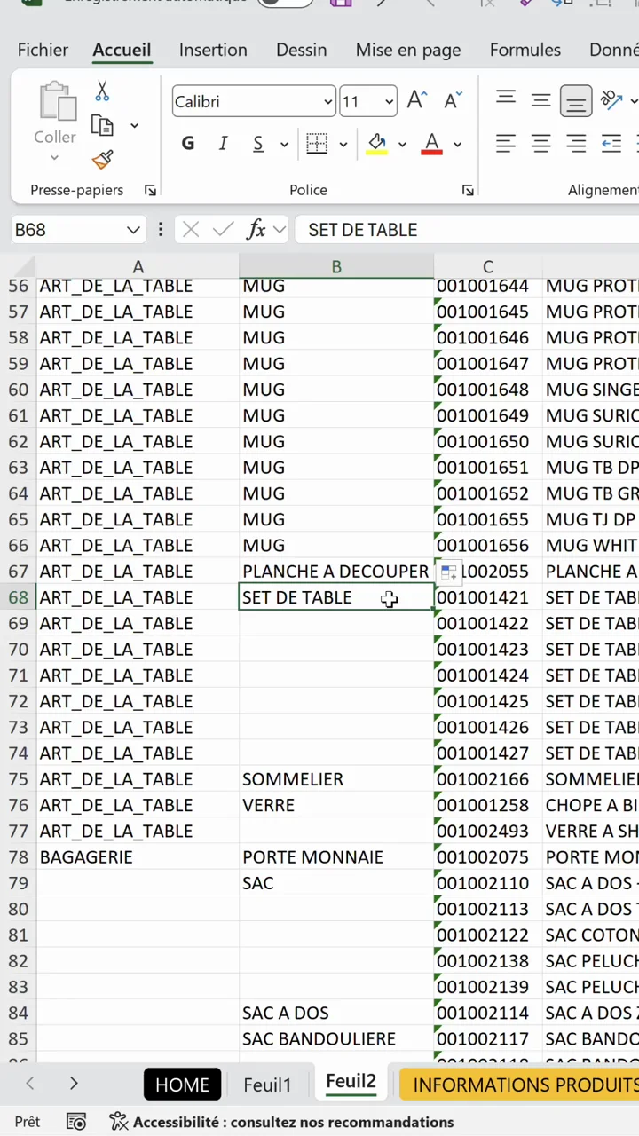 Export Excel avec les colonnes Catégorie_1 et Catégorie_2 remplies une seule fois par groupe et des dizaines de cellules vides en dessous