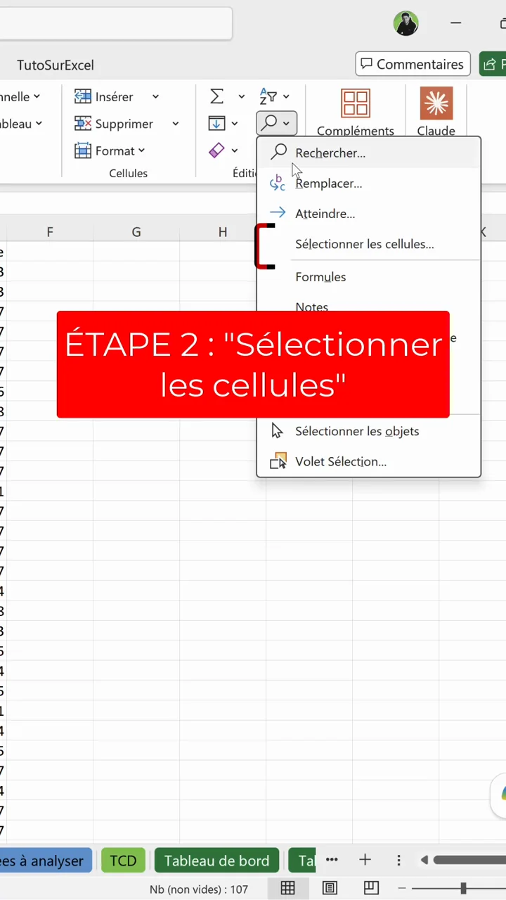 Menu Rechercher et sélectionner ouvert dans Excel avec l'option Sélectionner les cellules