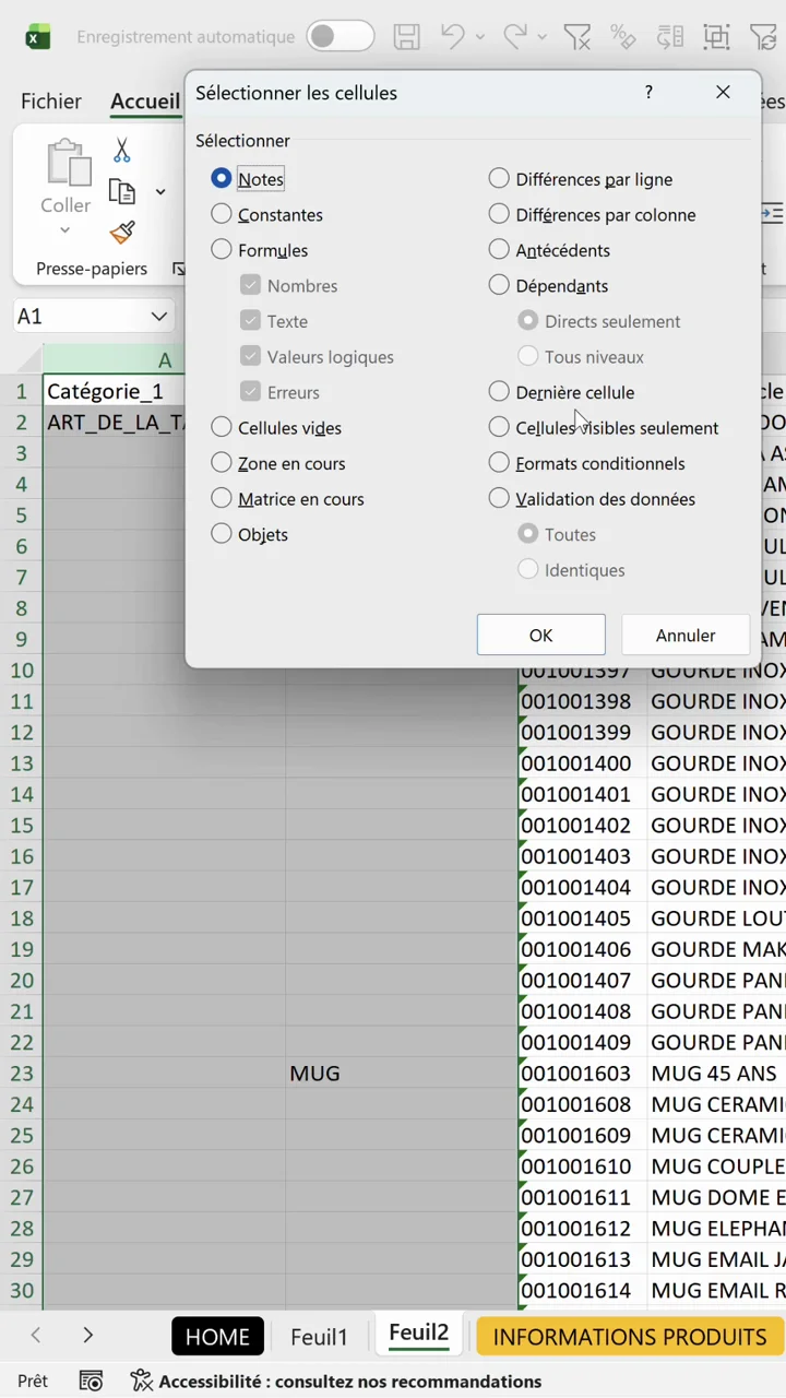 Boîte de dialogue Sélectionner les cellules avec l'option Cellules vides cochée