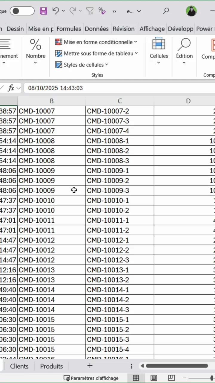 Tableau Excel de ventes où chaque ID de commande apparaît sur plusieurs lignes, une par produit