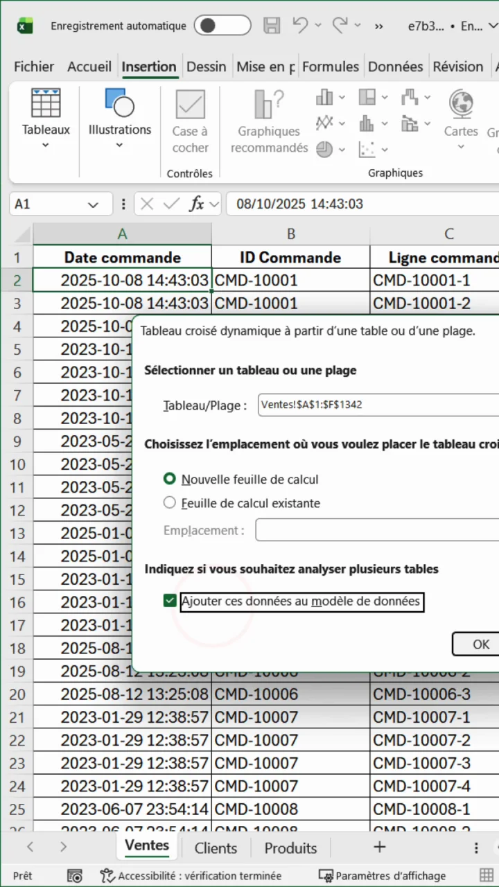 Fenêtre de création d'un tableau croisé dynamique Excel avec la case Ajouter ces données au modèle de données cochée