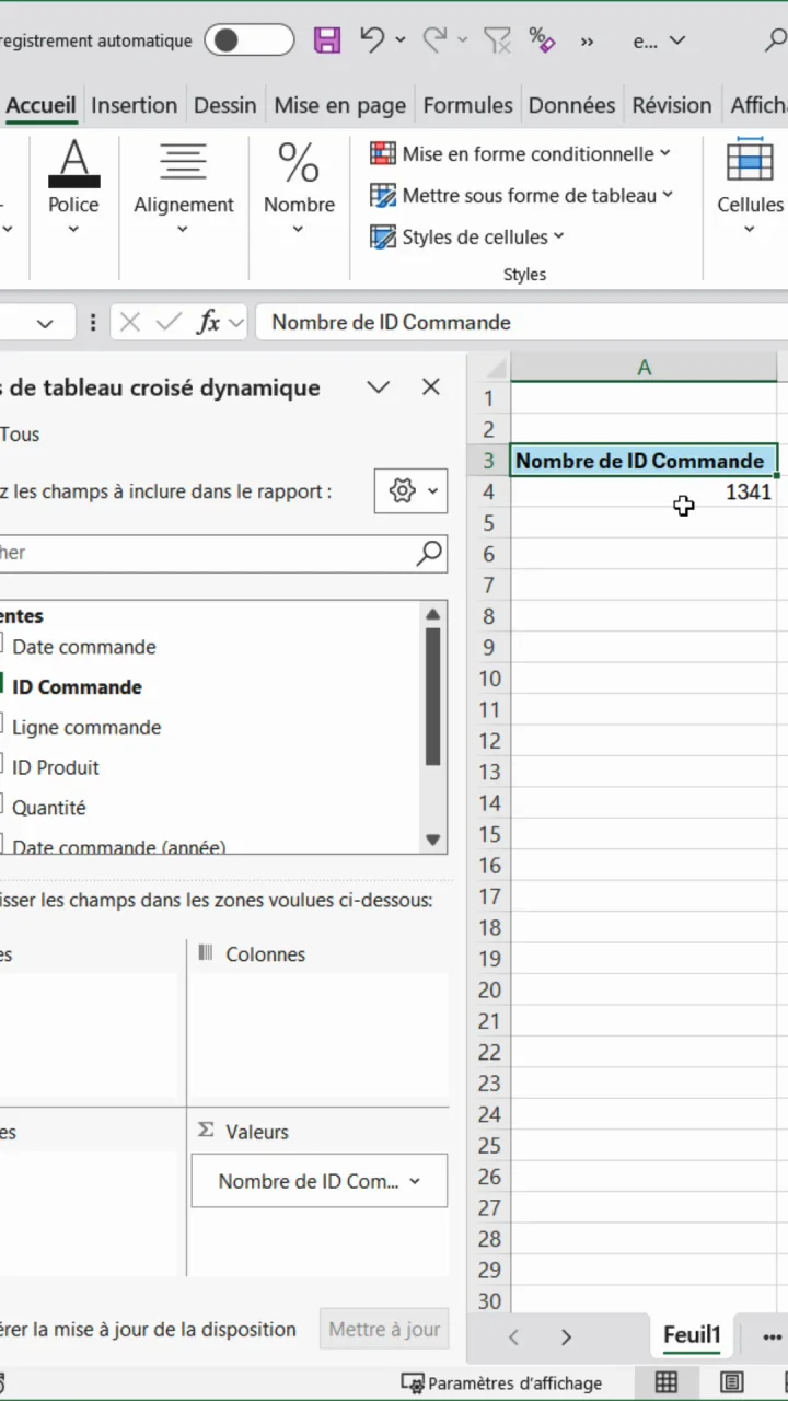 Tableau croisé dynamique Excel affichant Nombre de ID Commande égal à 1341