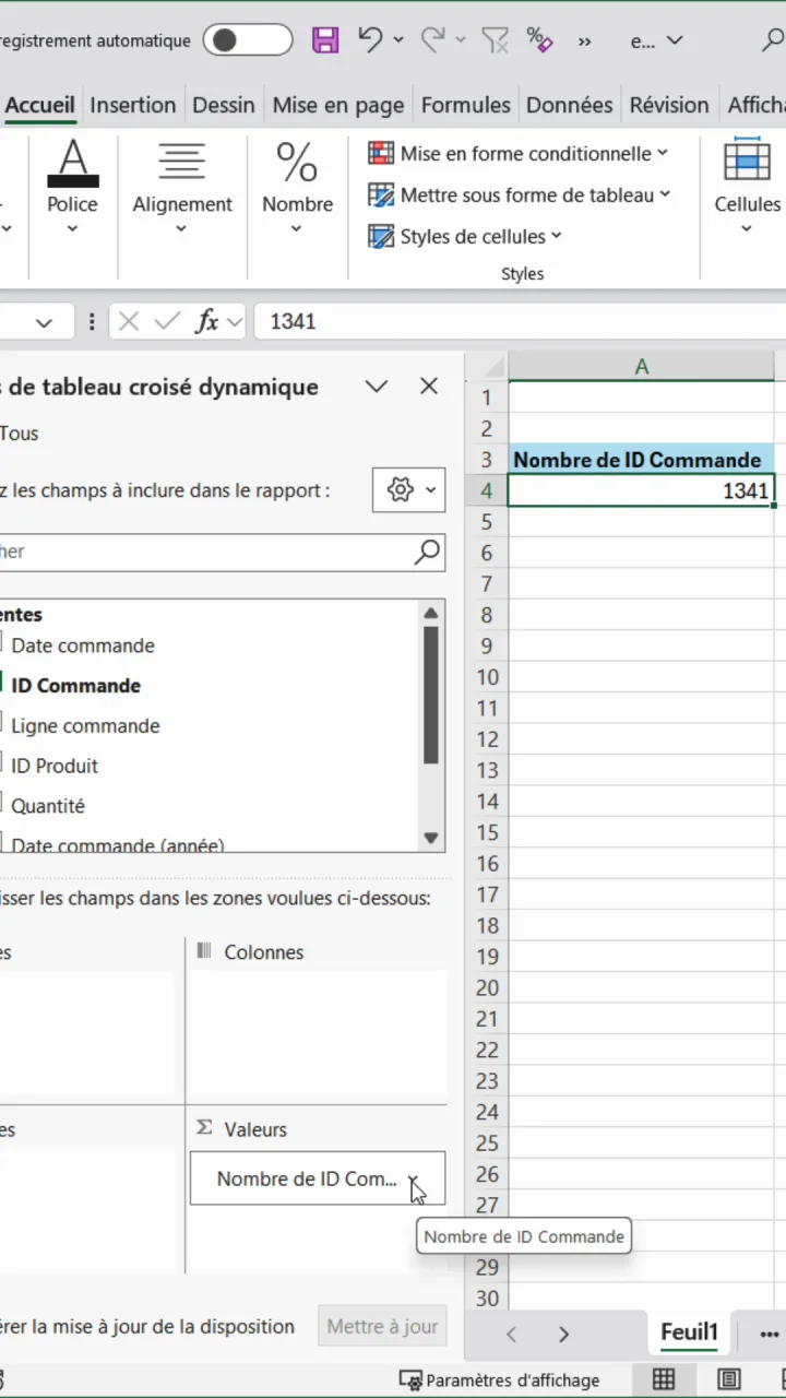 Champ Nombre de ID Commande dans la zone Valeurs d'un tableau croisé dynamique, prêt pour ouvrir les paramètres