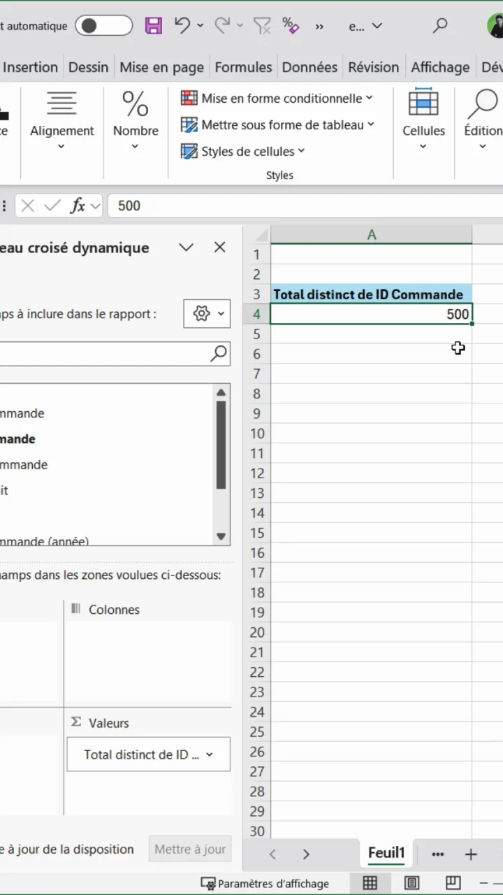 Tableau croisé dynamique Excel affichant Total distinct de ID Commande égal à 500