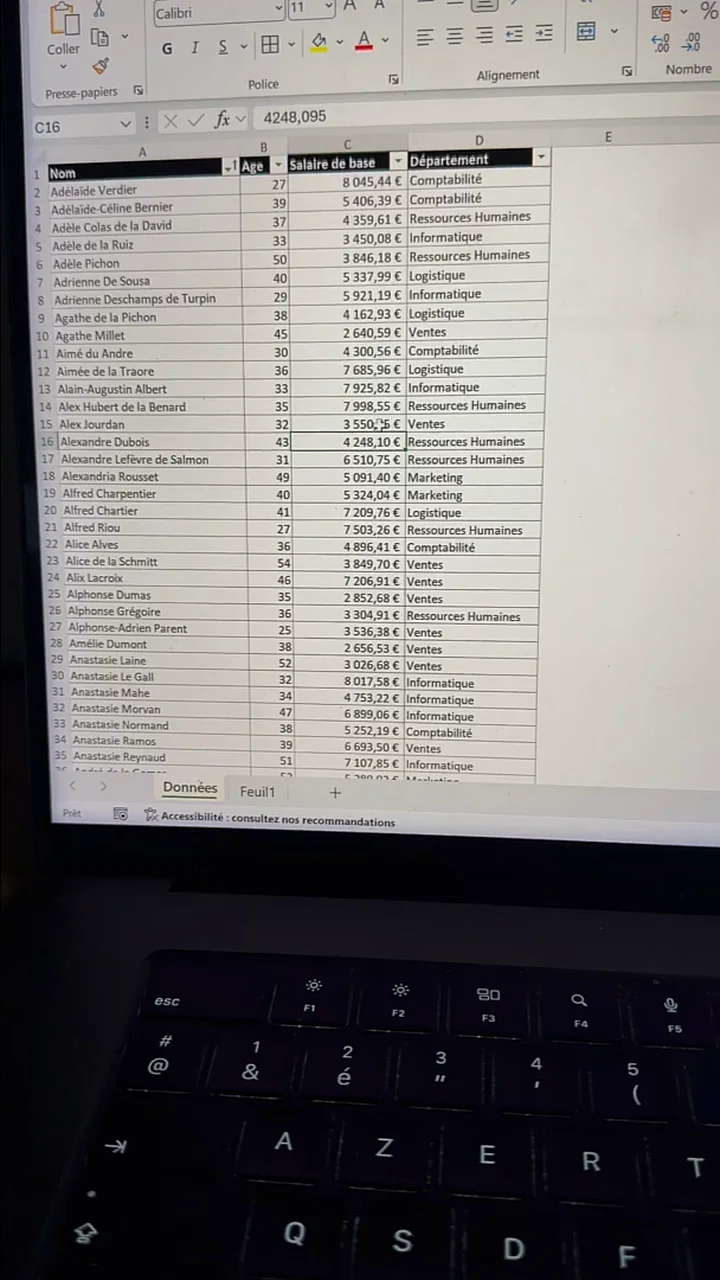 Tableau Excel de données brutes avec les colonnes Nom, Âge, Salaire de base et Département, une ligne par salarié