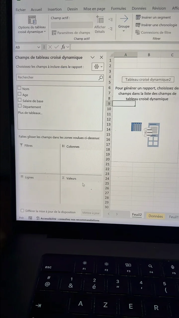 Nouvelle feuille Excel avec un tableau croisé dynamique vide à gauche et le panneau des champs à droite