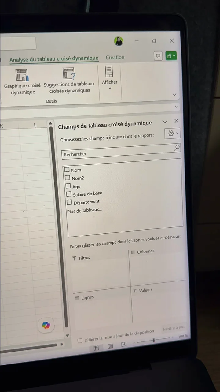 Panneau des champs d'un tableau croisé dynamique Excel avec les champs Nom, Âge, Salaire, Département et les quatre zones Filtres, Colonnes, Lignes, Valeurs