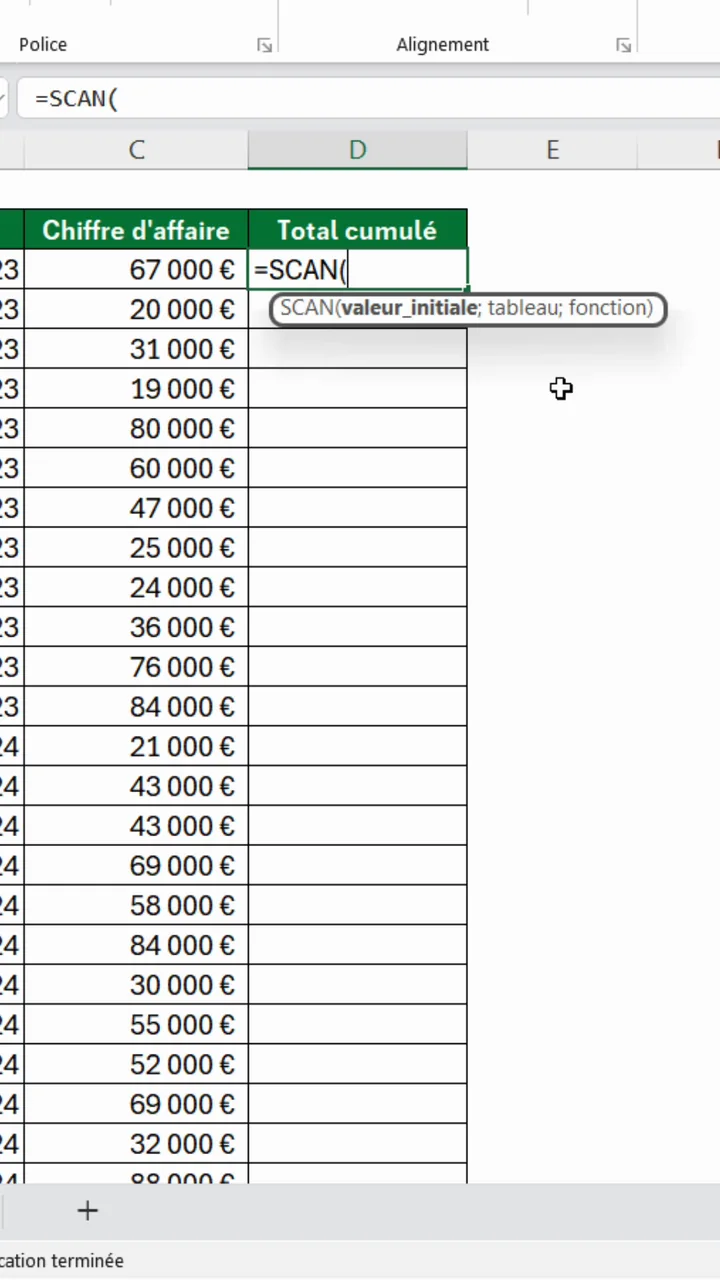 Barre de formule Excel affichant egale SCAN ouvre parenthèse avec l'infobulle valeur initiale point-virgule tableau point-virgule fonction