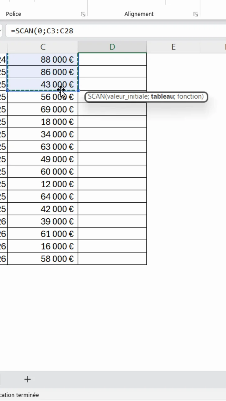 Formule egale SCAN zéro point-virgule C3 deux points C42 avec la plage des ventes sélectionnée dans Excel