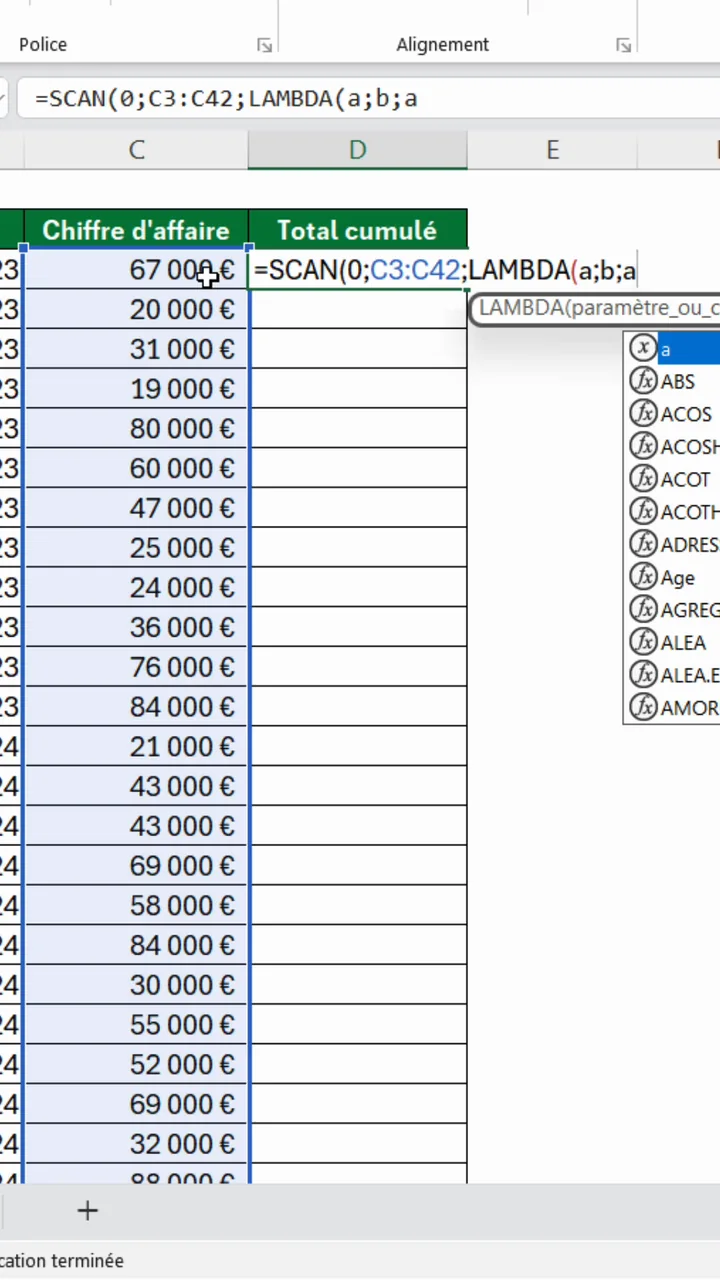 Formule Excel egale SCAN zéro point-virgule C3 deux points C42 point-virgule LAMBDA a point-virgule b avec la liste des fonctions