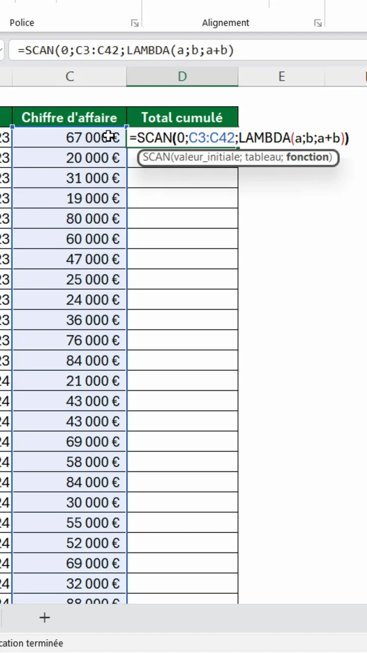 Formule complète egale SCAN zéro point-virgule C3 deux points C42 point-virgule LAMBDA a point-virgule b point-virgule a plus b dans Excel