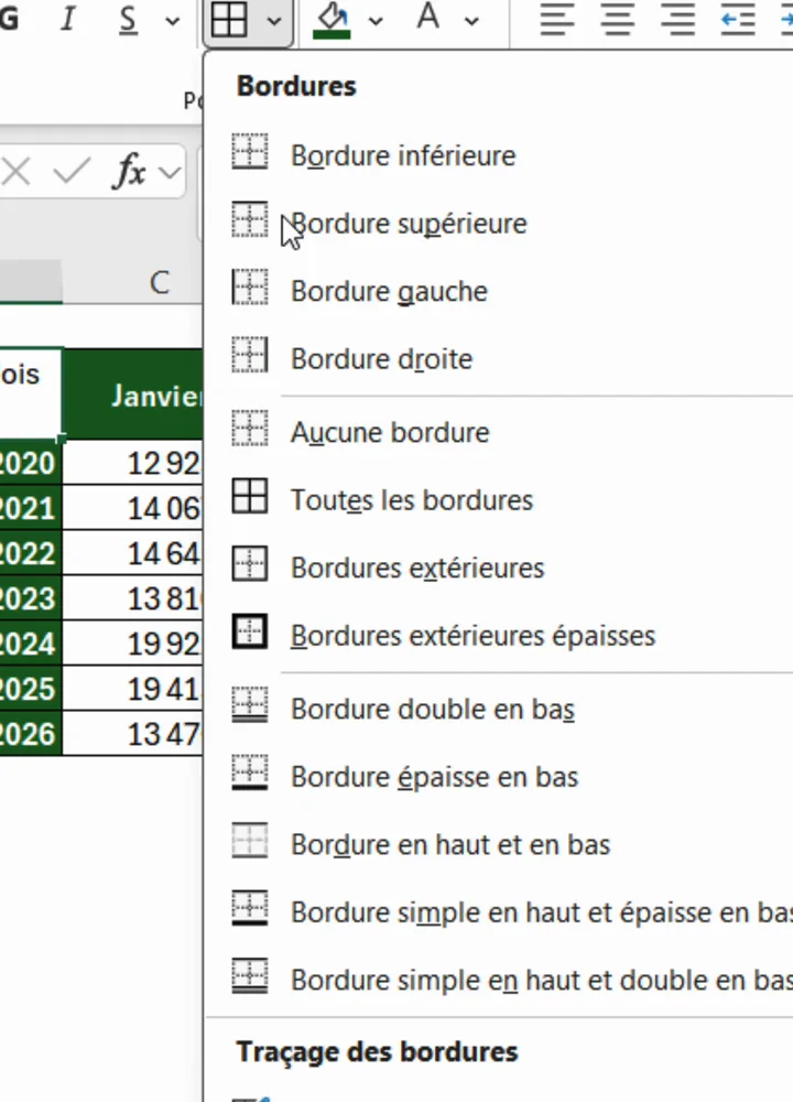 Menu Bordures déroulé dans le ruban Accueil d’Excel avec la liste des bordures disponibles