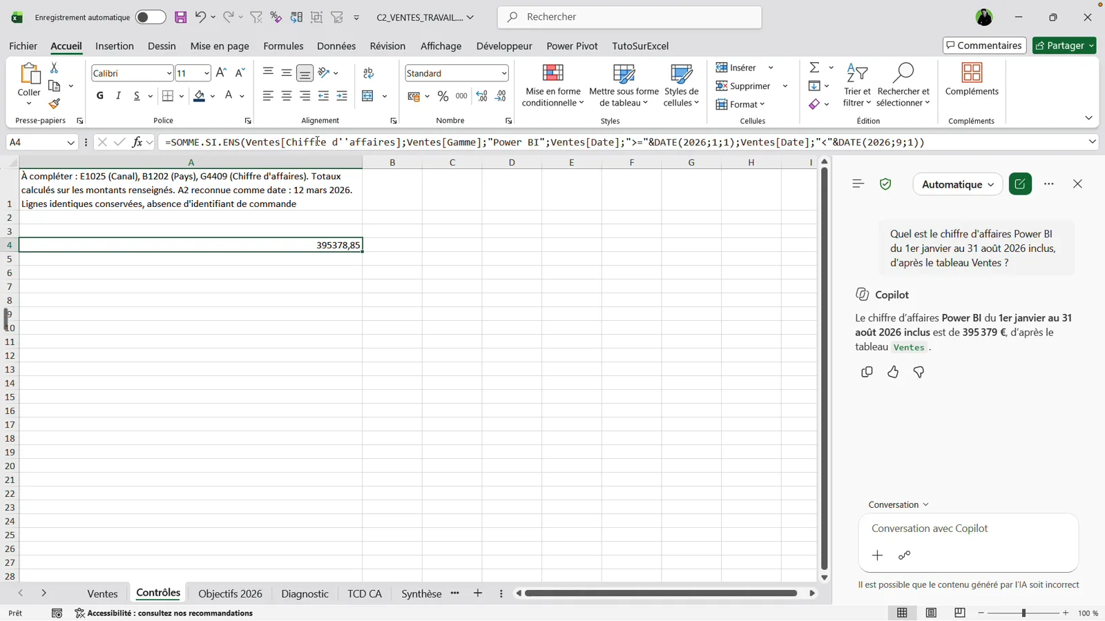 Formule SOMME.SI.ENS saisie dans Excel qui renvoie 395378,85, à côté de la réponse de Copilot qui annonce 395 379 pour le chiffre d'affaires Power BI