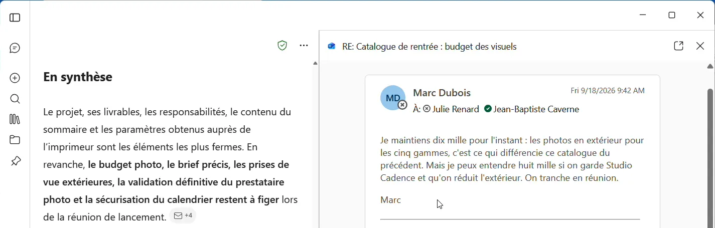 Dans le chat Copilot, la synthèse à gauche et, à droite, le mail Outlook de Marc Dubois ouvert depuis une référence de la réponse