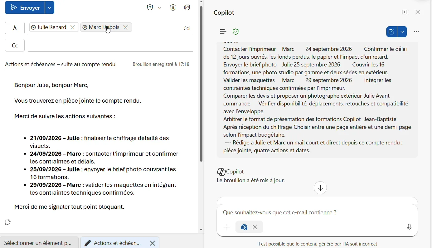 Nouveau message Outlook adressé à Julie Renard et Marc Dubois, avec le brouillon généré à gauche et le volet de rédaction Copilot à droite