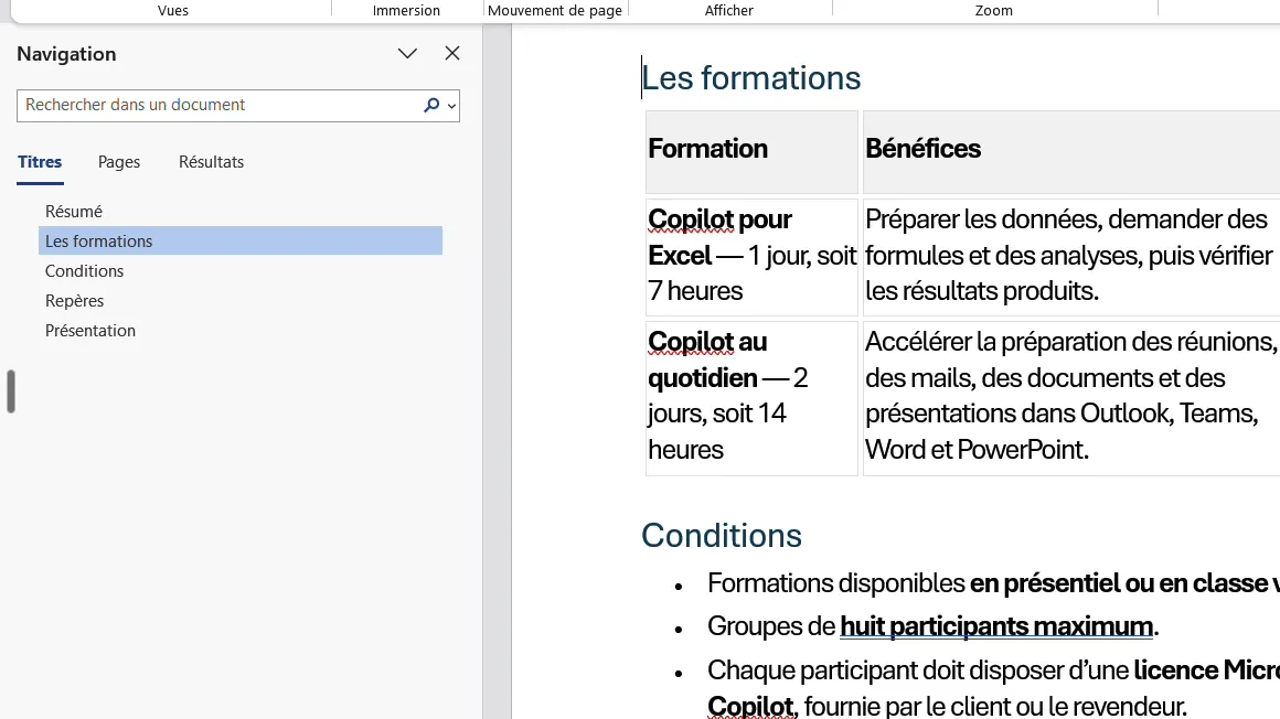 Volet de navigation de Word listant les titres Résumé, Les formations, Conditions, Repères et Présentation à côté de la note de cadrage
