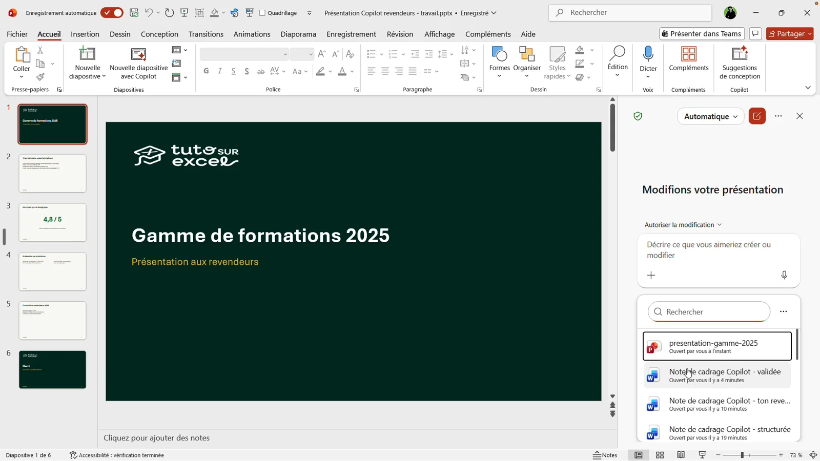 Volet Copilot dans PowerPoint affichant la liste des fichiers récents, dont la note de cadrage Word validée