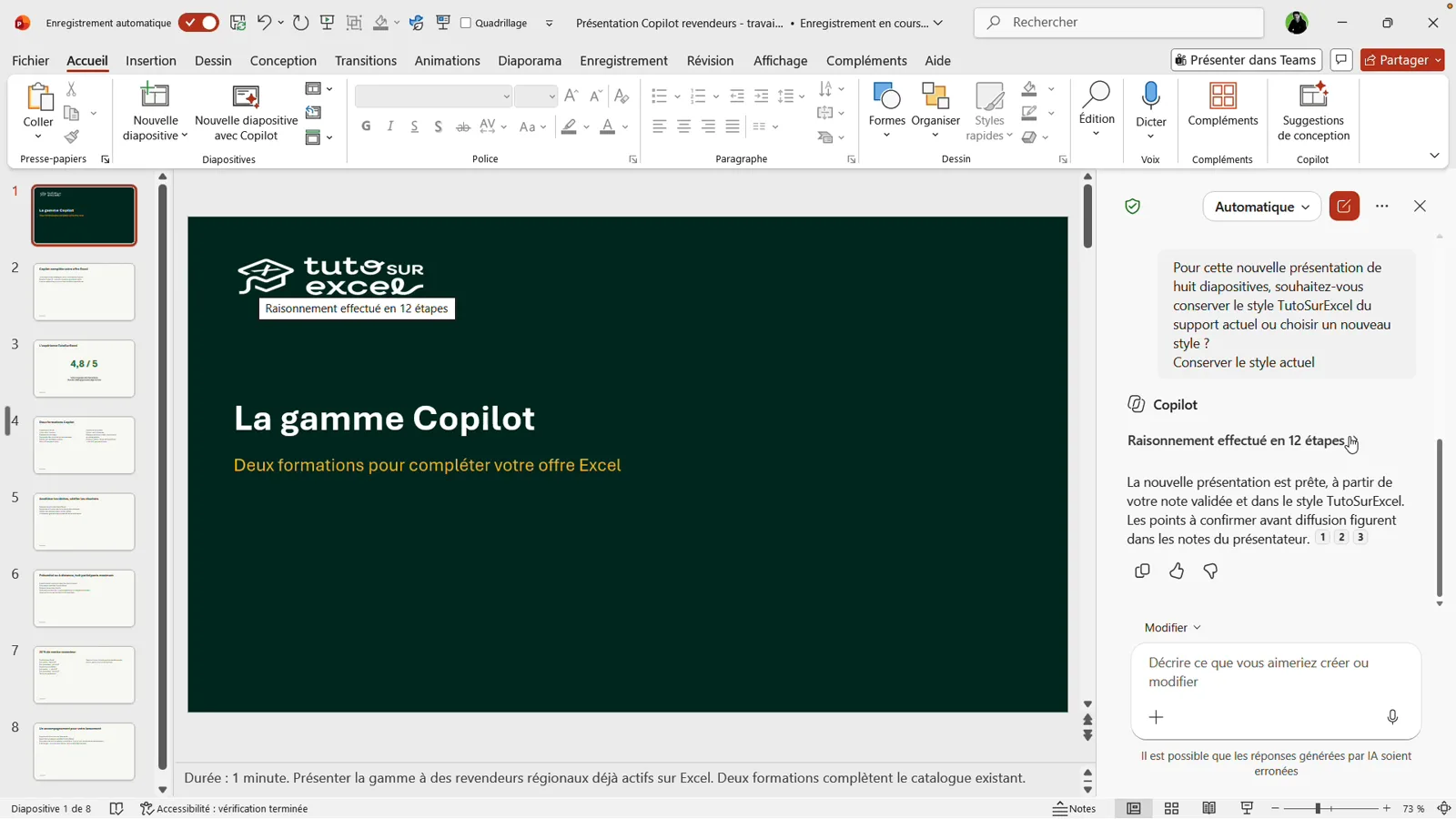 Présentation de huit diapositives générée par Copilot dans PowerPoint à partir de la note Word, avec la couverture à la charte et les notes du présentateur remplies