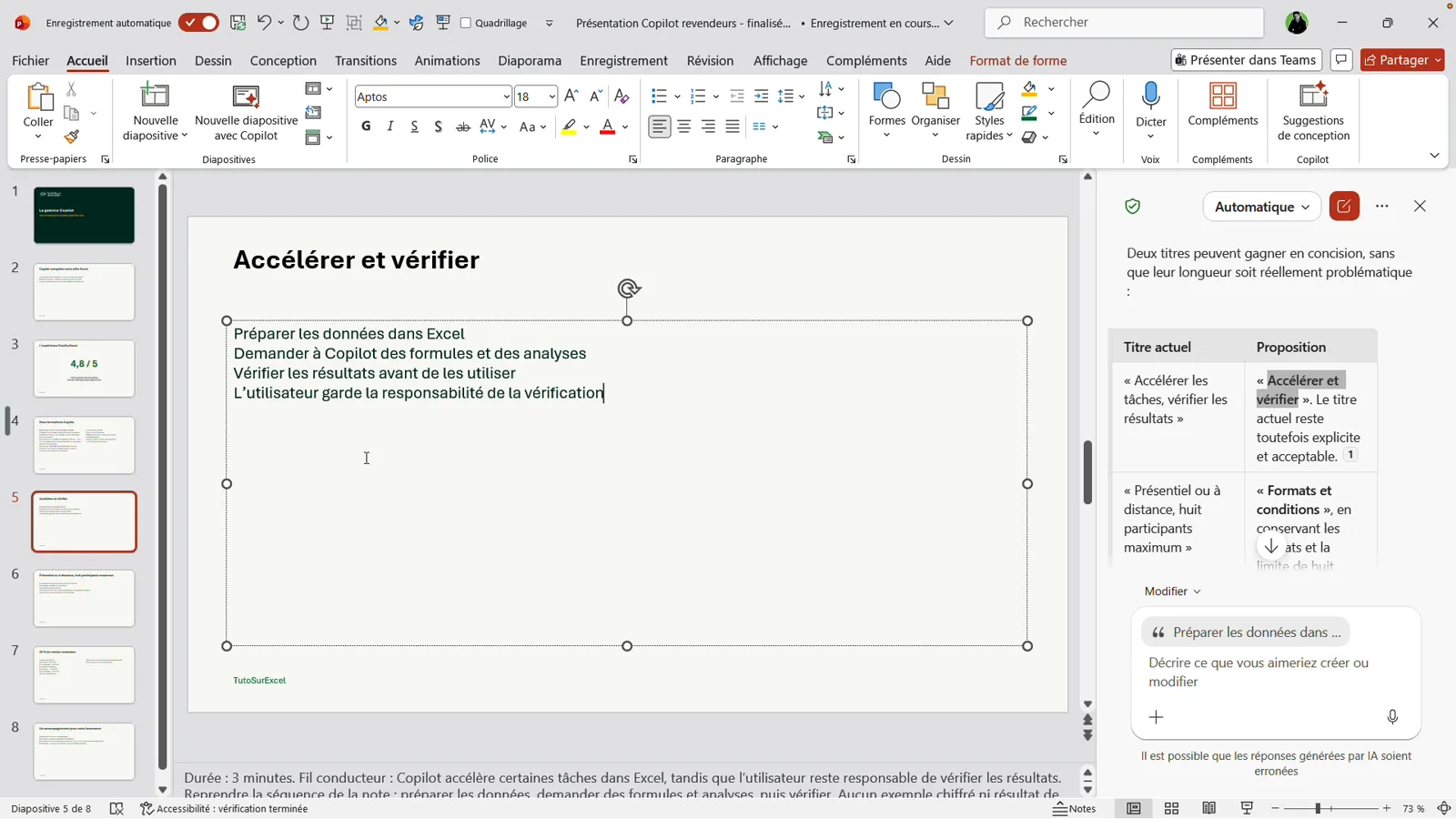 Copilot propose dans un tableau de raccourcir le titre Accélérer les tâches, vérifier les résultats en Accélérer et vérifier, sur la diapositive 5