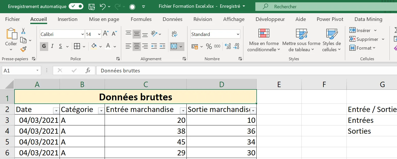 Feuille Excel avec un titre fusionné Données bruttes au-dessus des en-têtes Date, Catégorie, Entrée marchandise et Sortie marchandise, des bordures sur chaque cellule et des flèches de filtre