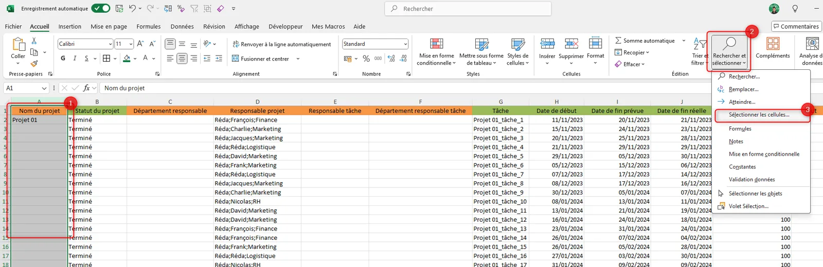 Liste de projets dans Excel où la colonne Nom du projet n’est remplie qu’en première ligne et où chaque cellule de la colonne Responsable projet regroupe trois informations séparées par des points-virgules