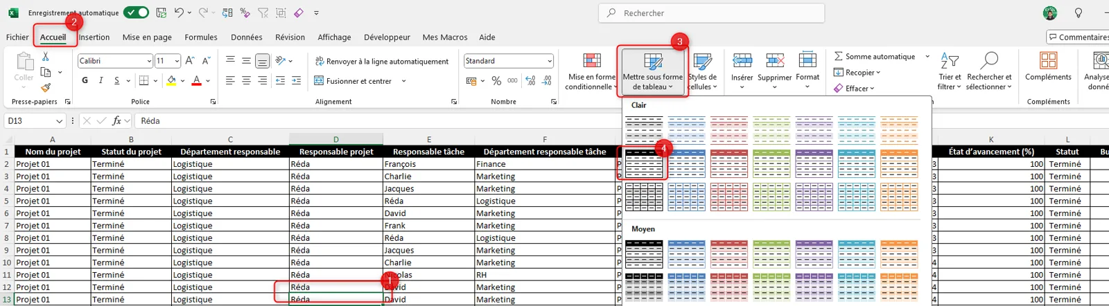 Ruban Excel, onglet Accueil, galerie Mettre sous forme de tableau ouverte sur les styles Clair et Moyen, avec quatre repères numérotés