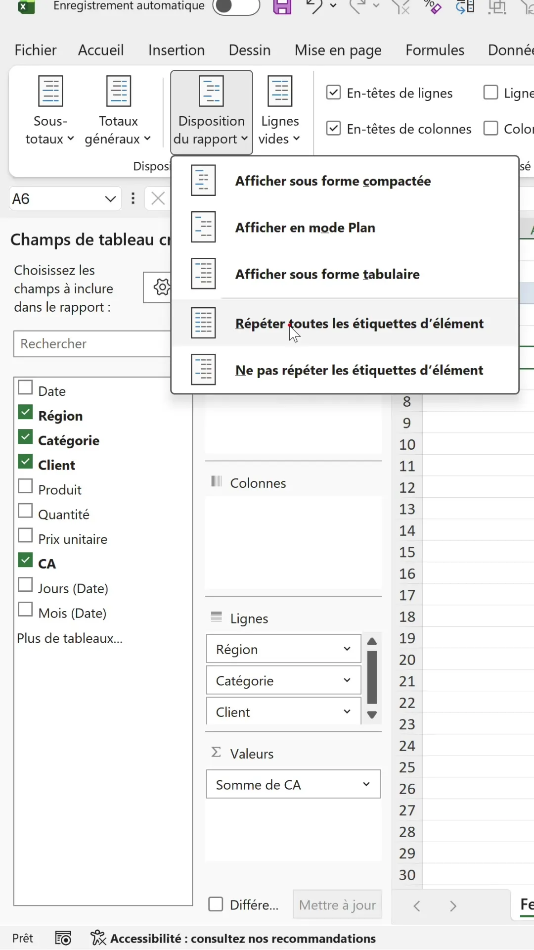 Menu Disposition du rapport d'Excel avec le curseur sur l'option Répéter toutes les étiquettes d'élément