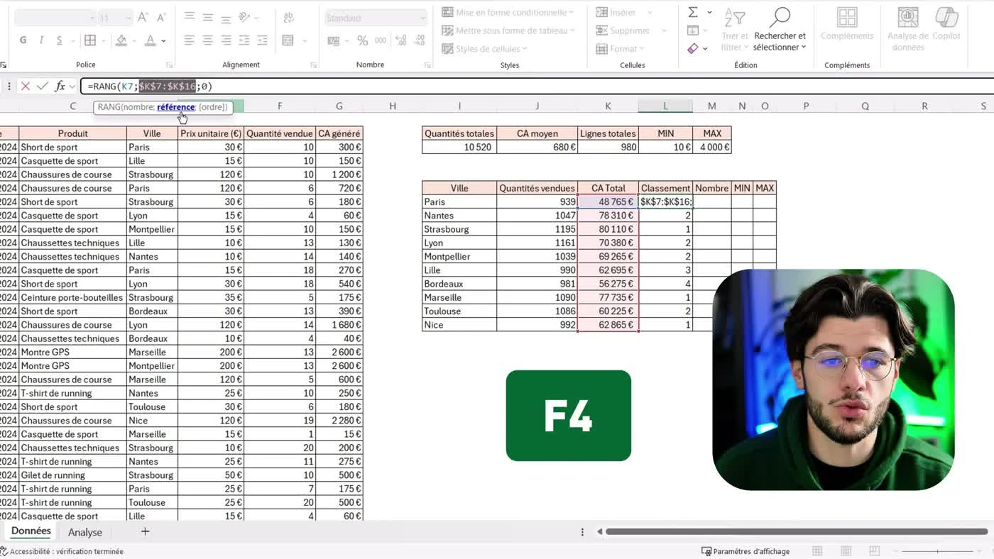 Formule RANG avec la plage $K$7:$K$16 sélectionnée dans Excel et rappel de la touche F4