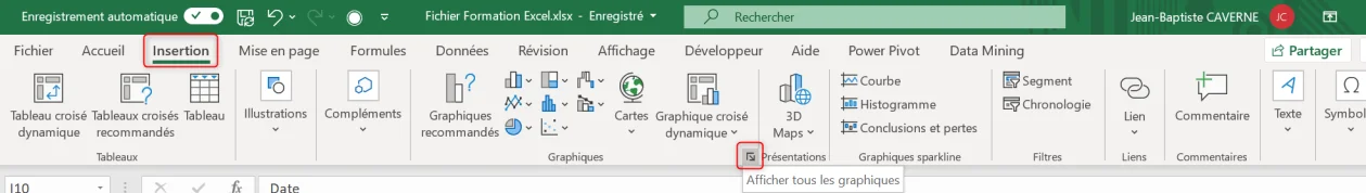 Onglet Insertion du ruban Excel avec le groupe Graphiques et son lanceur Afficher tous les graphiques mis en évidence