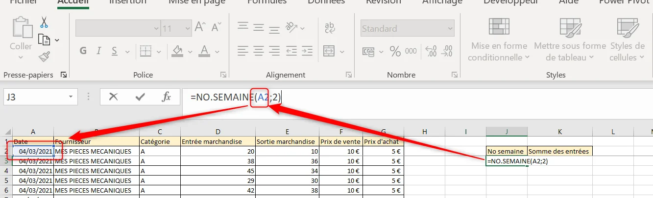 Formule =NO.SEMAINE(A2;2) dans la barre de formule, avec la date du 04/03/2021 en cellule A2