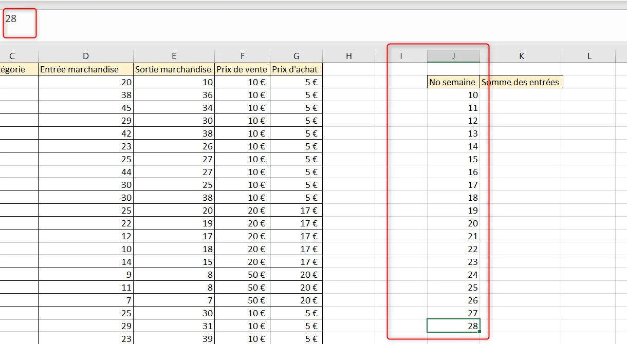 Colonne No semaine du tableau de synthèse avec les numéros de semaine de 10 à 28, un par ligne