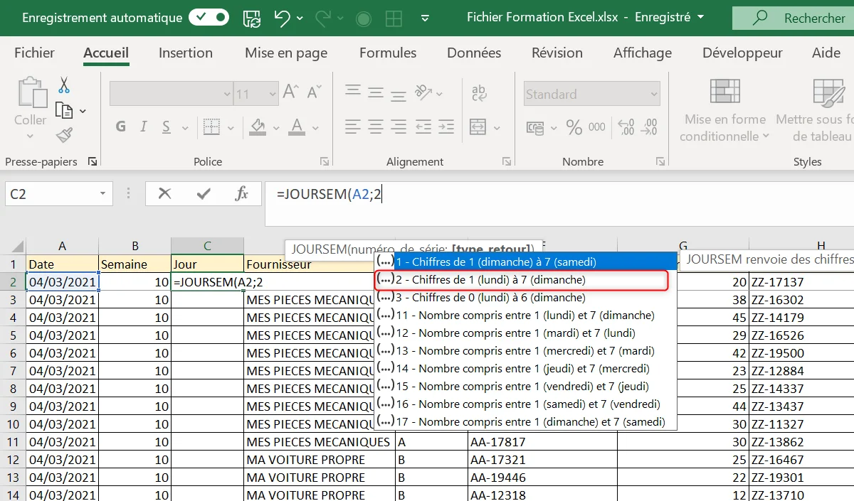 Formule JOURSEM en cours de saisie dans Excel avec la liste des types de retour et le type 2, du lundi au dimanche, encadré en rouge