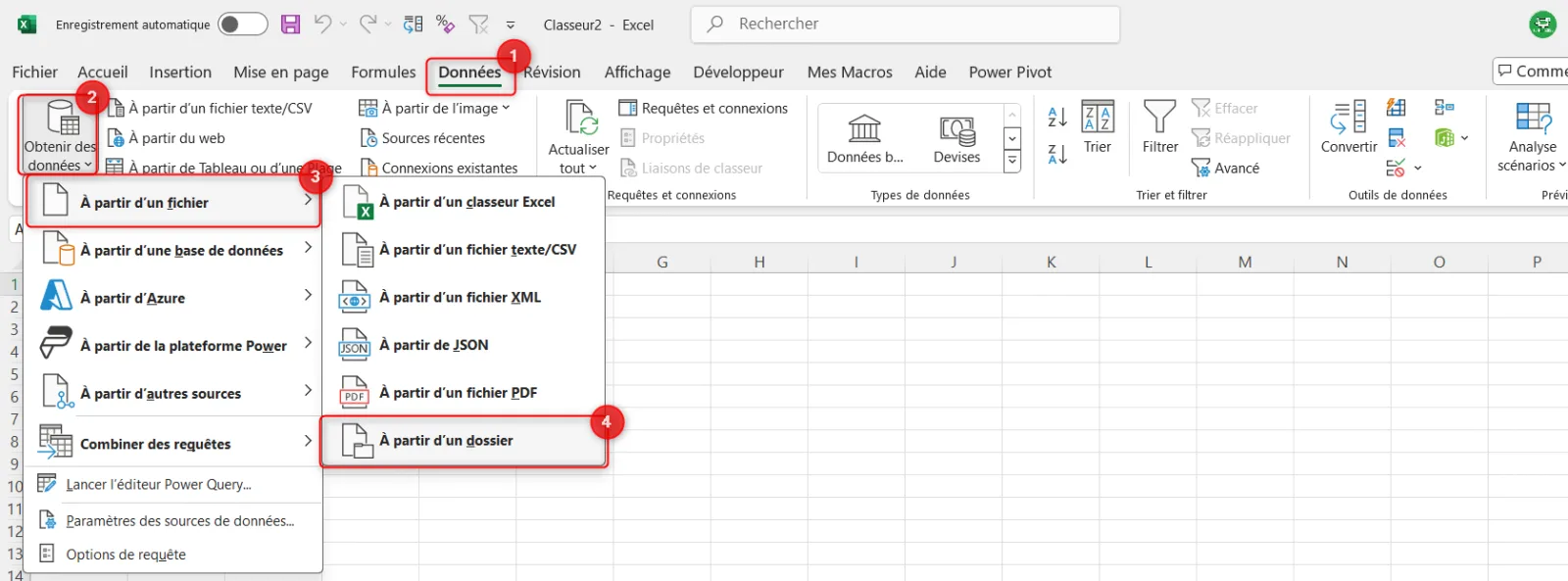 Menu Obtenir des données de l'onglet Données d'Excel, sous-menu À partir d'un fichier avec les options classeur Excel, texte/CSV, XML, JSON, PDF et dossier