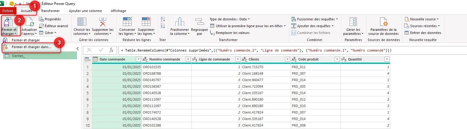 Ruban de l'éditeur Power Query, onglet Accueil, menu Fermer et charger ouvert sur les options Fermer et charger et Fermer et charger dans