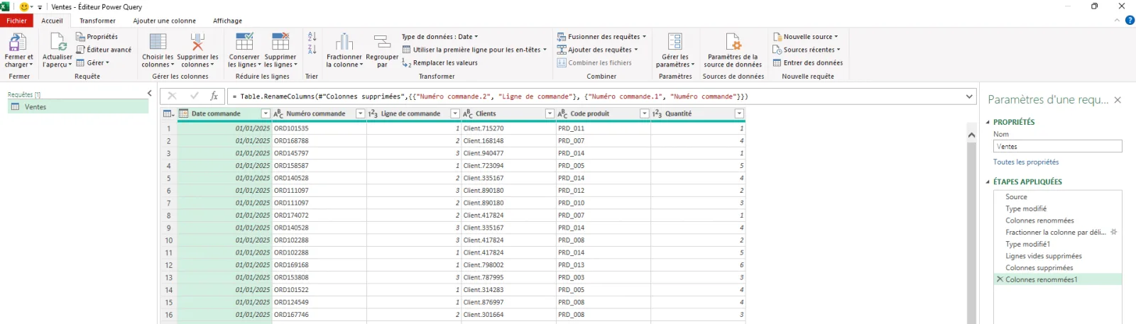 Éditeur Power Query d'Excel affichant une requête Ventes nettoyée, avec à droite le volet Étapes appliquées listant huit étapes