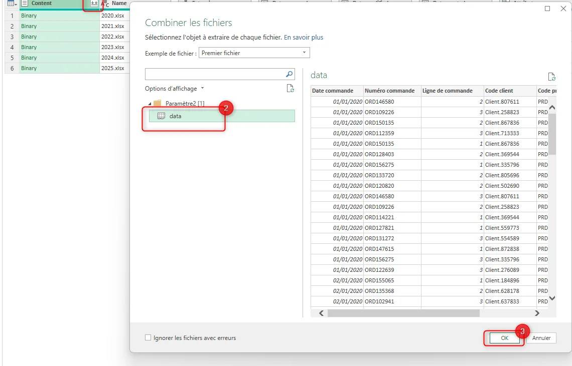 Fenêtre Combiner les fichiers de Power Query dans Excel, avec à gauche la liste des fichiers du dossier et à droite l'aperçu de la table data