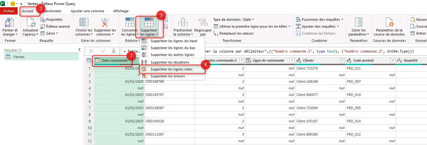 Éditeur Power Query d'Excel, onglet Accueil, menu Supprimer les lignes ouvert avec l'option Supprimer les lignes vides mise en évidence