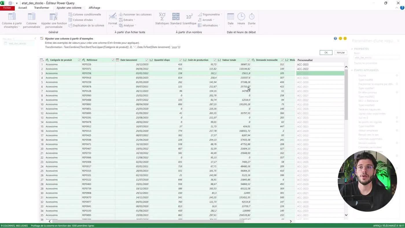Éditeur Power Query avec une colonne à partir d’exemples combinant un préfixe ACC et l’année de lancement